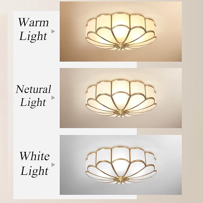 MIXL- Mid Century Brass Flush Mount Ceiling Light,LED Antique Brass Light Fixture, Modern Frosted Glass Ceiling Lamps for Living Room, Close to Ceiling Light Decorative for Bedroom(23.62" W)