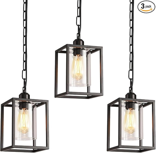 3 Pack Farmhouse Pendant Light,Black Metal Frame Hanging Light Fixture with Clear Glass Shade, Adjustable Chains Industrial Mini Pendant Lighting for Kitchen Island Entryway Porch Foyer