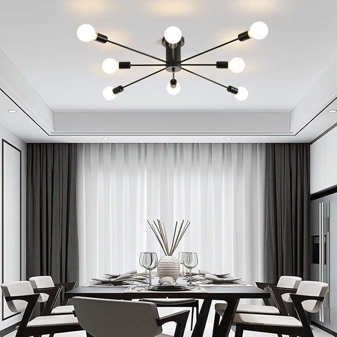 Garwarm 8-Light Sputnik Chandelier Black Industrial Semi Flush Mount Ceiling Light Fixture Mid Century Modern Pendant Light for Kitchen Farmhouse Living Room