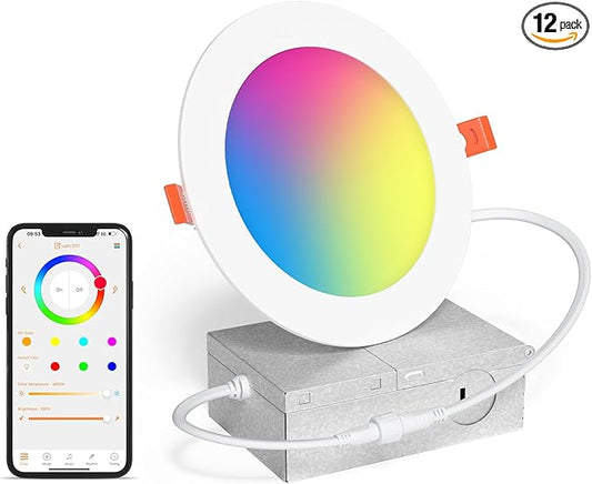 SikSog Smart Recessed Lighting 6 Inch RGBCW Color Changing 16W LED Downlight with Junction Box,1350 Lumen Recessed Ceiling Light Compatible with Alexa,Dimmable by Bluetooth Control -1Pack