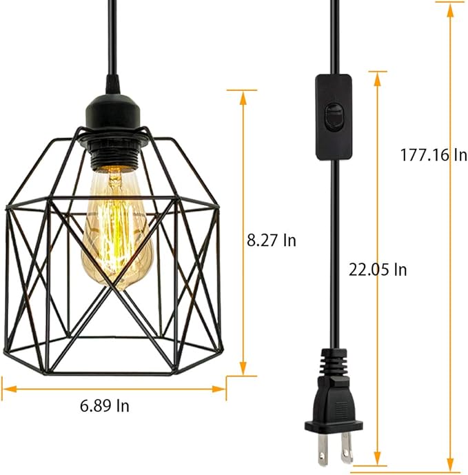 OmiSun Industrial Plug in Pendant Light, Black Cage Pendant Light Fixture with On/Off Switch, E26 Socket Vintage Hanging Light, Farmhouse Pendant Lighting for Kitchen Living Room Dining Room