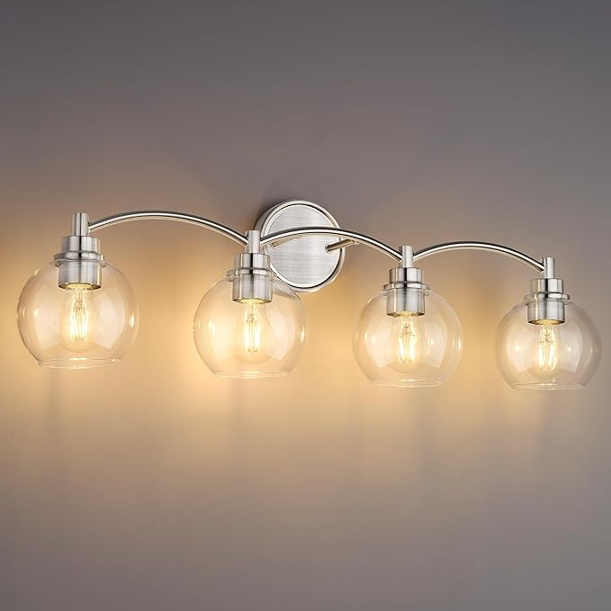 4-Light Bathroom Light Fixture, Brushed Nickel Vanity Light Over Mirror, Globe Glass Wall Sconce, VL02BN-4