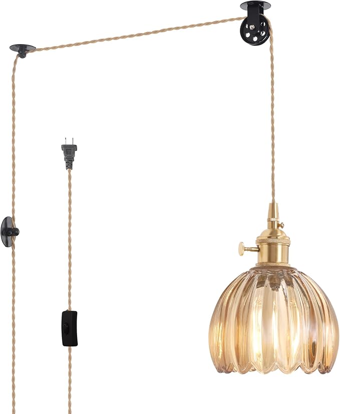 Shenmoyl Plug in Pendant Light Hanging Light Fixture Corded On/Off Switch Brass Pendant Light with Amber Tulip Glass Lampshade for Bedroom Living Room Kitchen Island