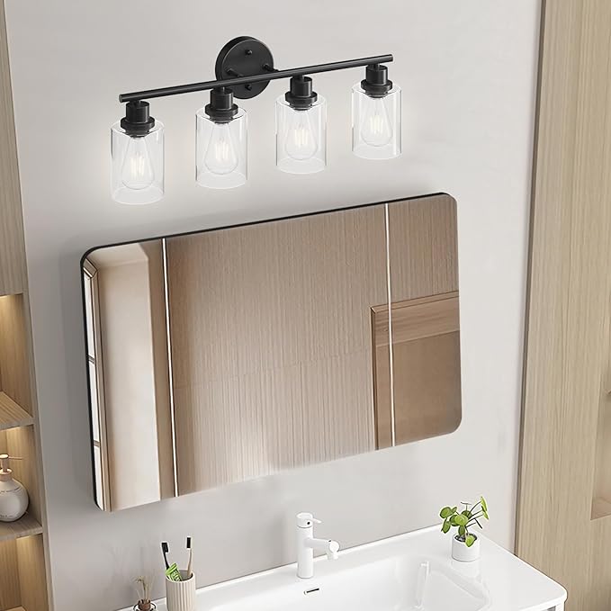 4-Light Black Bathroom Light Fixtures, E26 Modern Vanity Lights for Bathroom with Clear Glass Shade, Wall Lamps for Mirror Hallway Kitchen Cabinet Living Room Sconces Lights