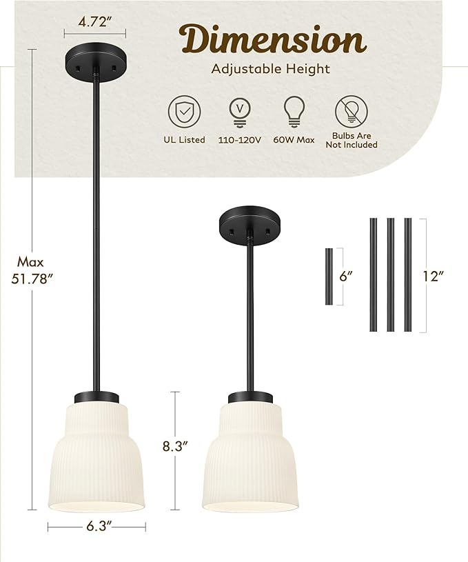 FEMILA 3 Pack Pendant Light for Kitchen Island, 6.7" Milk Glass Pendant Light Vintage Light Fixtures for Bedroom Hotel Dining Room, 4FYD87MIL-3PK BK