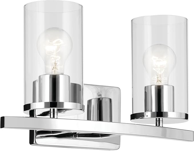 Kichler Crosby 15.25" 2-Light Bathroom Vanity Light Fixture with Clear Glass in Chrome for Modern Powder Room, Wall Mount Over Mirror (15.25" x 8.75"), 45496CHCLR