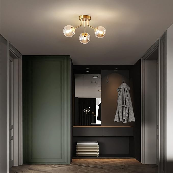 Modern Sputnik Chandeliers 3 Light Gold Semi Flush Mount Ceiling Light Fixture Pendant Lamps Bulbs with Glass Globe Lighting for Bedroom Kitchen Dining Room Office