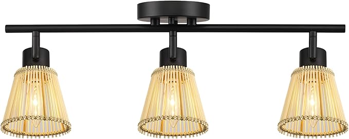 Globe Electric 3-Light Track Lighting Kit, Matte Black, Bamboo Shades, 3 Bulb Kitchen Light, E12 Socket