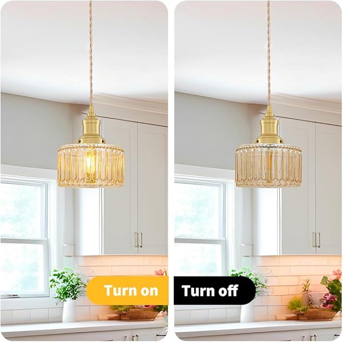 Rustic Pendant Light Set of 2, Brushed Gold Pendant Lights Kitchen Island with Amber Glass Shade, Brass Kitchen Pendant Lighting over Island, Adjustable Hanging Light for Hallway Bathroom Dining Room