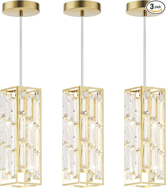 Brass Pendant Lights Modern Pendant Light Fixture, Mini Crystal Pendant Ceiling Light, Pendant Light for Kitchen Island, Dinning Room, Bedroom, Kitchen Sink Lighting (3-Pack)