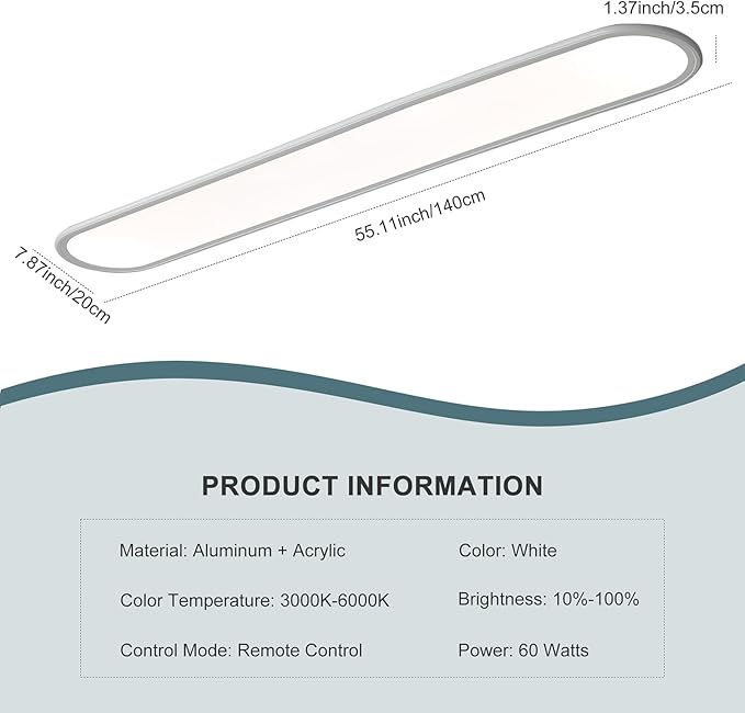 Ganeed 4.59FT 60W Dimmable Modern LED Linear Kitchen Ceiling Lamp, High Brightness Flush Mount Low Profile Long Ceiling Light Fixture for Shop Lighting Home Closet Laundry, White