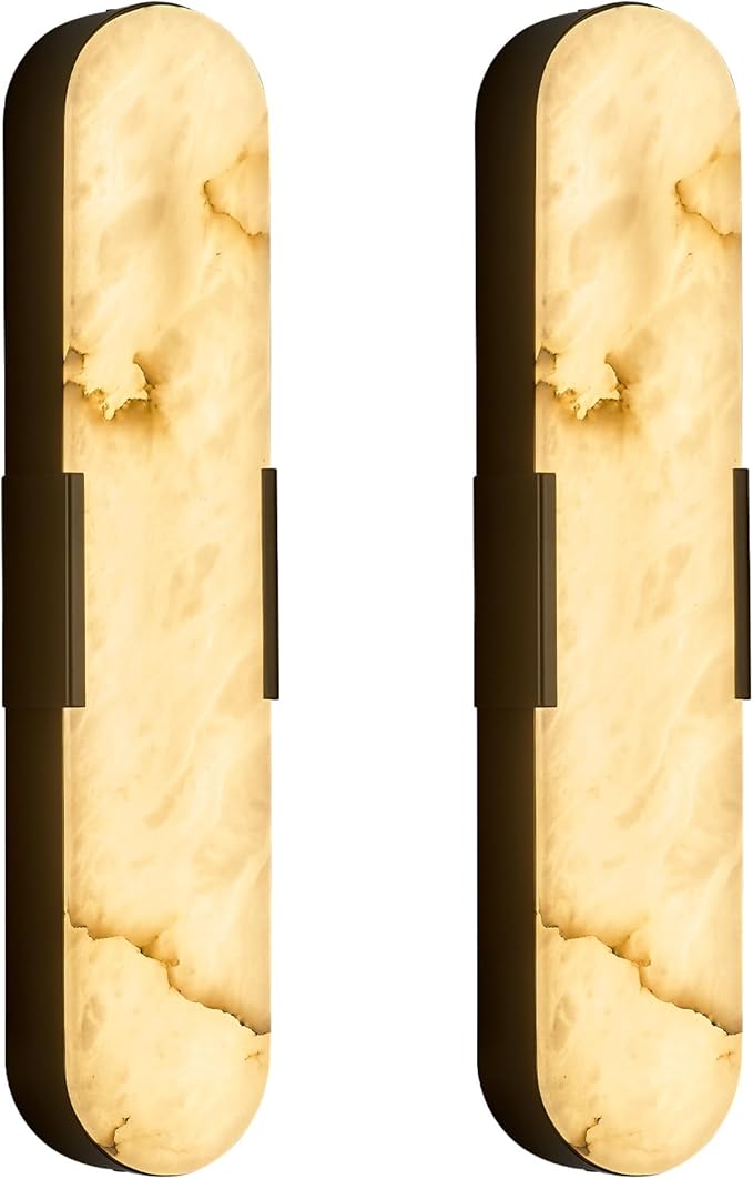 2 Pack Alabaster Wall Sconces 20" Spanish Natural Marble Wall Lights, Indoor Black Mid Century Marble Wall Lighting Bathroom Alabaster Wall Lamps for Bedroom Living Room Stairway Cafe