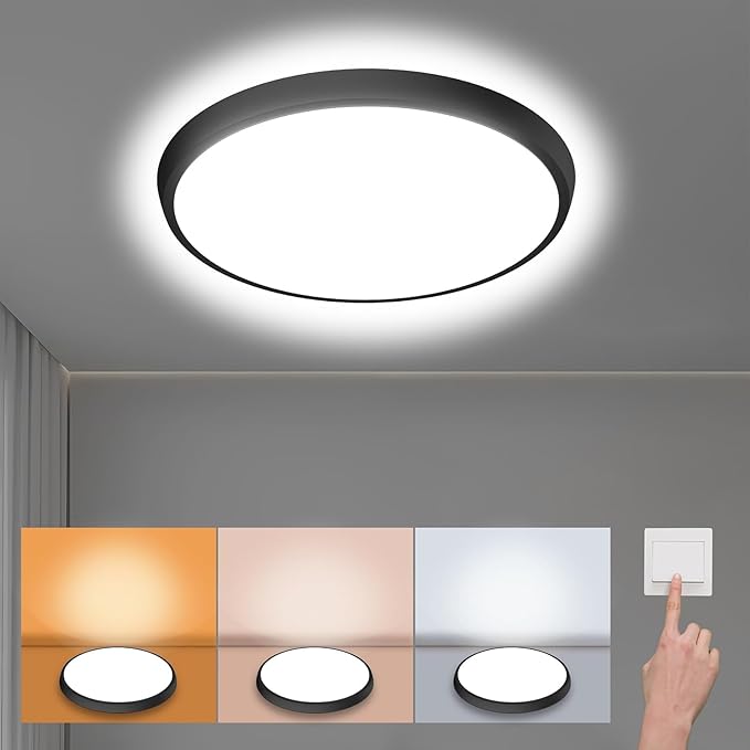 12 inch Flush Mount LED Ceiling Light Fixture, 3000K/4500K/6500K Selectable Ceiling Lights, Ultra Thin Round Black Ceiling Lamp for Living Room, Bedroom, Kitchen, Bathroom, Hallway, Non-dimmable