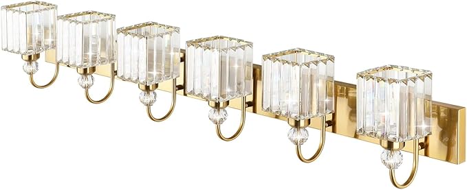 Ralbay Modern Gold Vanity Lights - 6-Light Gold Crystal Bathroom Vanity Lights Over Long Mirror