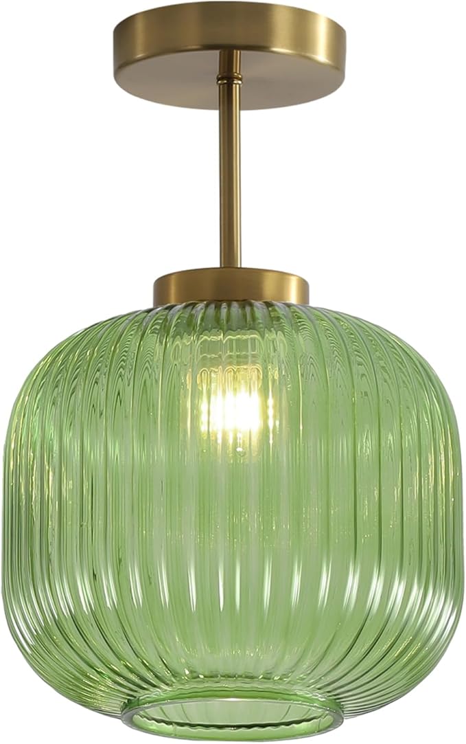 KCO Lighting Vintage Green Glass Semi Flush Mount Ceiling Light Brushed Gold Flush Mount Ceiling Light Fixtures Mid Century Antique Brass Globe Kitchen Ceiling Lighting