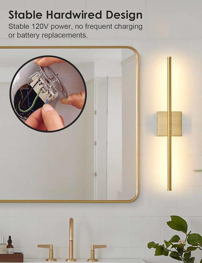 KARTOOSH 20.4 Inch Hardwired Wall Sconces Set of Two, 3000K Warm White Dimmable Modern Wall Sconces, 350° Rotate LED Light Fixtures Wall Lamp for Bathroom Living Room Bedroom Bedside, Brushed Brass