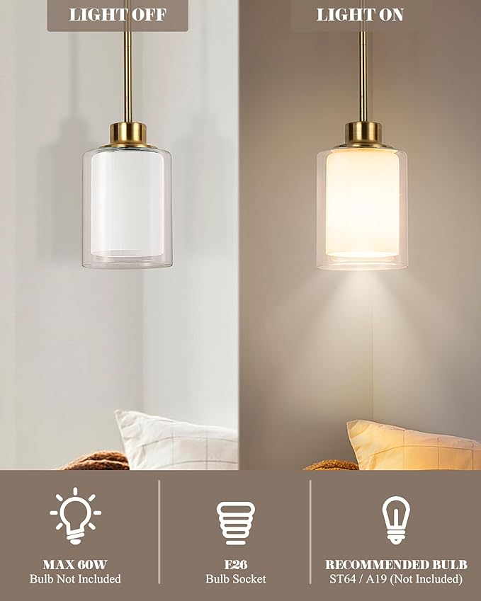 1-Light Mini Pendant Light Fixtures, 3-Pack Modern Hanging Ceiling Lighting, Adjustable Height, Gold Pendant Lamp with Dual Glass for Kitchen Island Bedroom