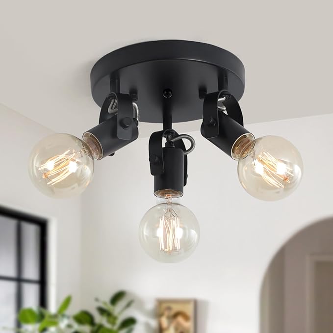 3-Light Flush Mount Ceiling Spotlight，Multi-Directional Track Lighting Fixtures Ceiling with Open No Shade Design, Black Kitchen Light for Island, Sink,Dining Room, Hallway (E26, Bulb Not Included)