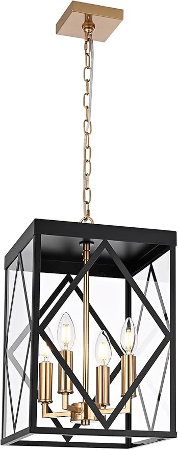 4-Light Outdoor Pendant Lights for Porch 15.7'' Outdoor Chandelier Black & Brushed Brass Exterior Hanging Porch Light Fixtures w/Clear Glass, Waterproof Outside Pendant Lantern for Front Door