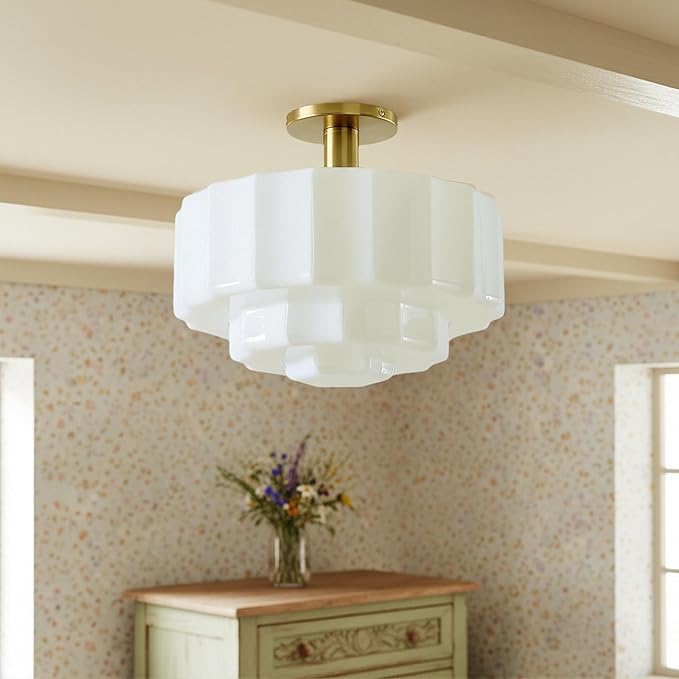 Milk Glass Ceiling Light Fixture - 13.7'' Antique Gold Semi-Flush Mount Ceiling Light for Bedroom, Foyer, Living Room, Bar Counter, Includes 3X E12 Bulbs (White 13.7 inch)