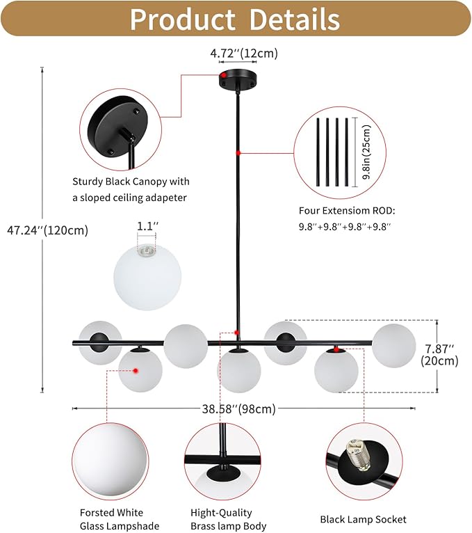 Modern Linear Chandelier 7-Light, 38.58" Black Mid Century Globe Pendant Light Fixture, Dimmable Bubble Ceiling Lighting for Kitchen Island Over Table, Dining Room, Living Room, Foyer, Bedroom