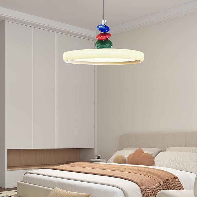 Mikeru Modern Pendant Lights, 15.8" Cream Yellow Pendant Lighting Fixture with Remote Control Dimmable 3 Color Mode & Brightness Mid Century Island Light Fixture for Dining Room,Kitchen,Living Room