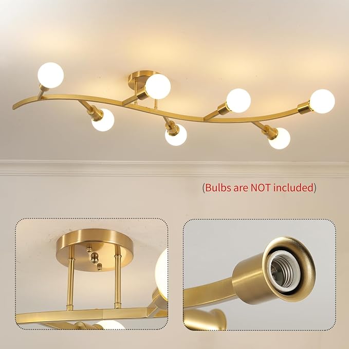 Gold Modern Sputnik Semi Flush Mount Ceiling Light Fixture 7-Lights,Mid Centur Minimalist Sputnik Chandelier for Living Room,Dining Room,Bedroom,Kitchen,Hallway(Bulbs Not Included)