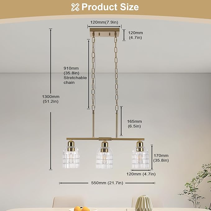 FRIXCHUR Gold Kitchen Island Lighting, 3-Lights Linear Chandelier Pendant Light with Clear Glass Shade, Height Adjustable Industrial Chandelier Pendant Light for Kitchen Island Dining Room