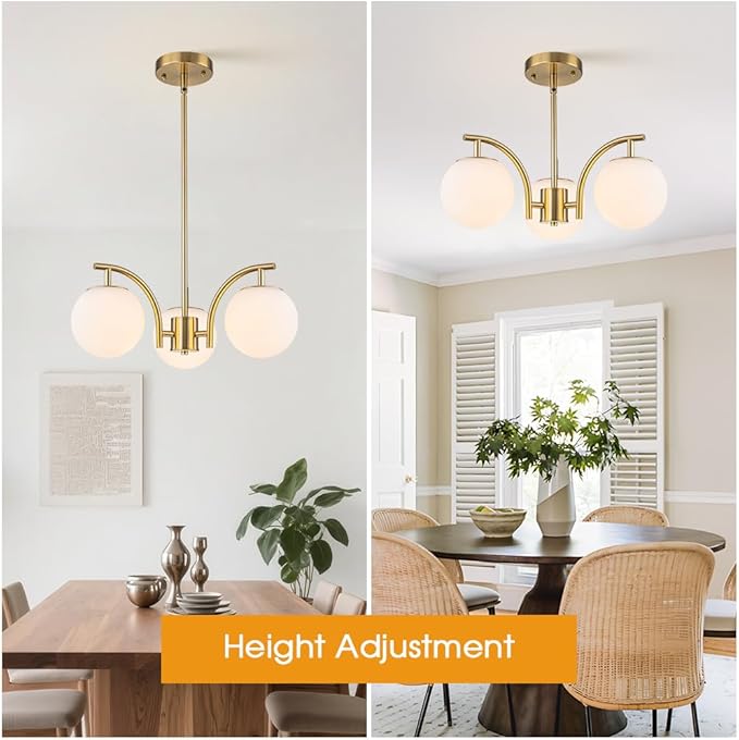 Gold Sputnik Chandelier 3 Light Milk Glass Globe Hanging Light Modern Pendant Light Fixture for High Ceiling Kitchen Bedroom Dining Living Room