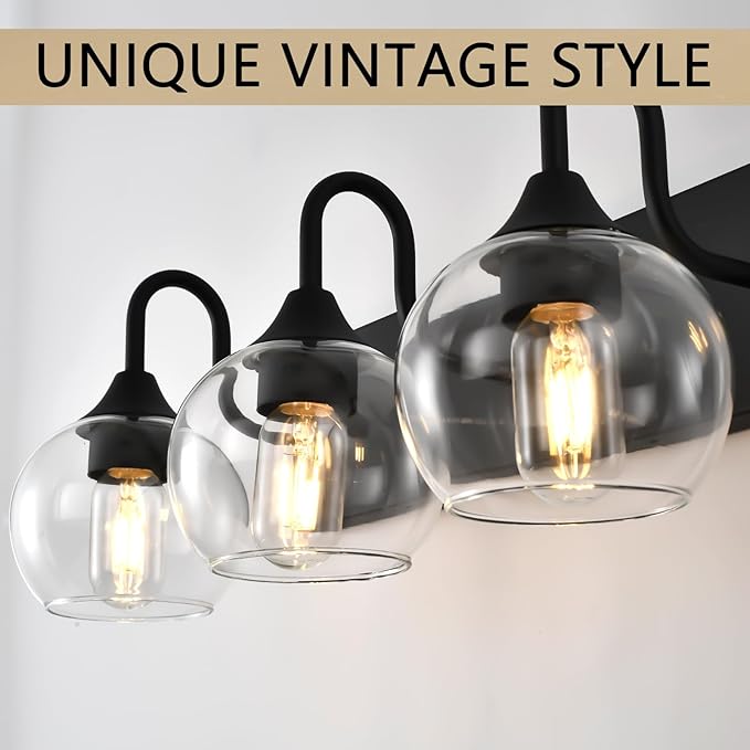 Bathroom Light Fixtures, 3-Light Matte Black Vanity Light Over Mirror, Modern Wall Sconces 21" with Clear Glass Globe Shade, Bathroom Wall Lights for Mirror Kitchen Bedroom Hallway