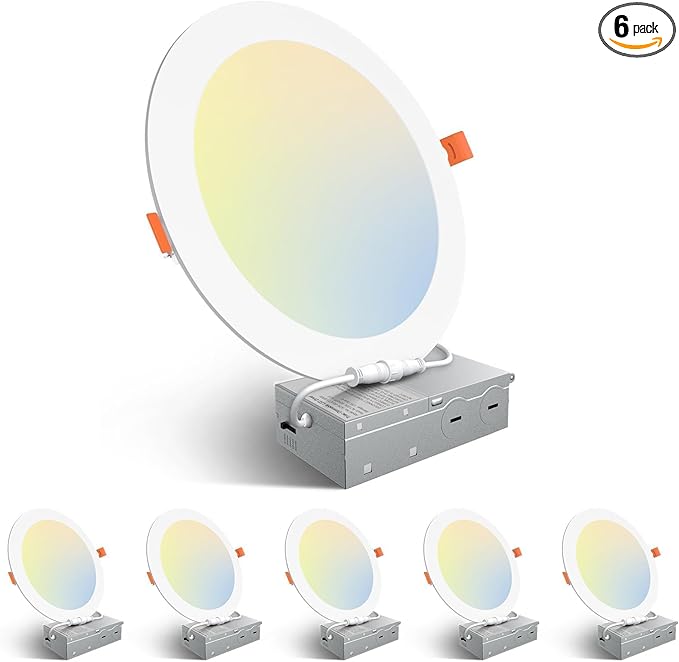 Amico 6 Pack 8 Inch 5CCT Ultra-Thin LED Recessed Ceiling Light with Junction Box, 2700K/3000K/3500K/4000K/5000K Selectable, 18W Eqv 125W 1600LM Brightness Dimmable Canless Wafer Downlight, ETL