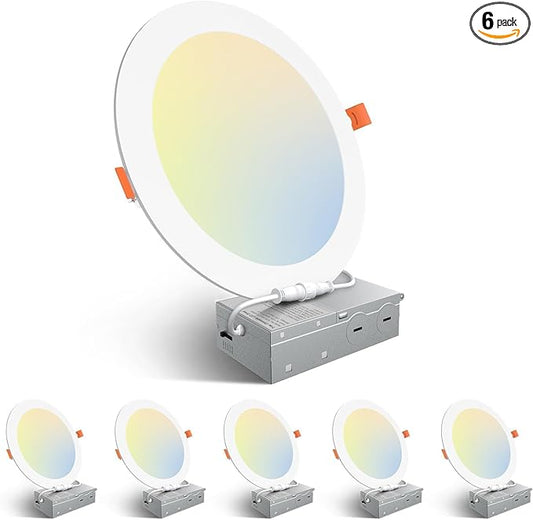 Amico 6 Pack 8 Inch 5CCT Ultra-Thin LED Recessed Ceiling Light with Junction Box, 2700K/3000K/3500K/4000K/5000K Selectable, 18W Eqv 125W 1600LM Brightness Dimmable Canless Wafer Downlight, ETL