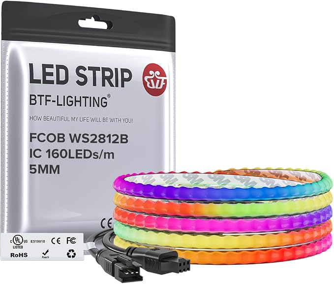 BTF-LIGHTING FCOB COB XGB1338(WS2812B) IC RGB 160LED/m 320IC LED Strip DC5V 6.5FT Individual Addressable Flexible High Density Uniform Light Dream Chasing Color 0.19in Width(NO Adapter or Controller)
