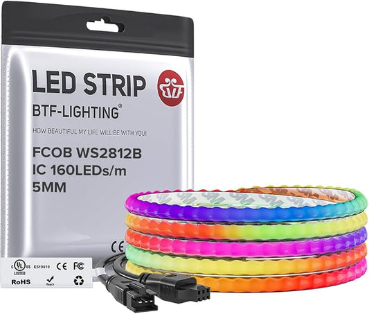 BTF-LIGHTING FCOB COB XGB1338(WS2812B) IC RGB 160LED/m 320IC LED Strip DC5V 6.5FT Individual Addressable Flexible High Density Uniform Light Dream Chasing Color 0.19in Width(NO Adapter or Controller)