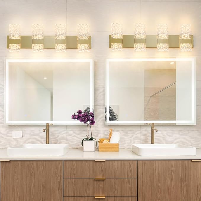 Modern Brushed Gold 8-Lights Bathroom Vanity Light, Eleglant Brass LED Bathroom Light Fixtures over Mirror, Dimmable Acrylic Shade Wall Lighting Fixtures, Hardwired Wall Light(H9.25in, L28.35in)