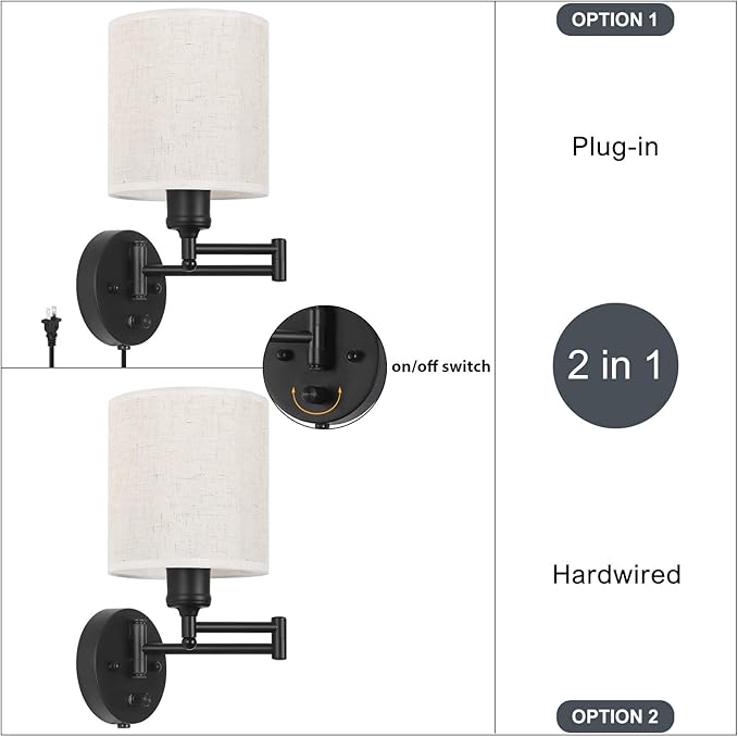 CADUKE Plug in Wall Light Set of 2, Swing Arm Wall Lamps, Modern Bedroom Wall Sconce Fixtures with Linen Lampshade for Reading Hallway Living Room