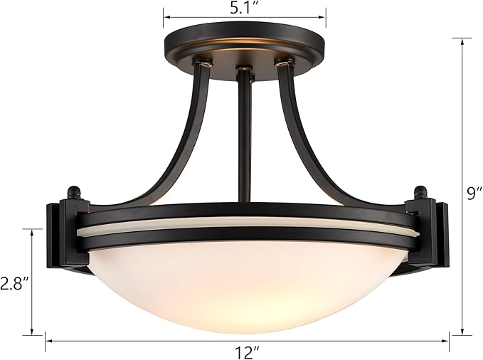 Matte Black Semi Flush Mount Ceiling Light Modern Farmhouse 2-Light Milk Glass Ceiling Light Fixture for Hallway Bedroom Kitchen, 12-Inch