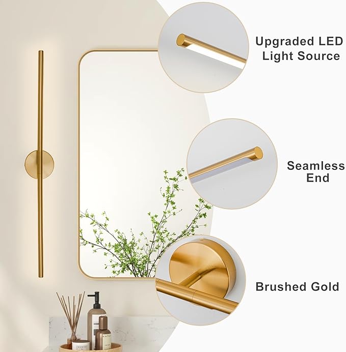 Gold Bathroom Light Fixtures Over Mirror 43 Inch, 33W 360° Rotatable Dimmable 4000K Led Brass Vanity Light Bar, Brushed Gold Bathroom Vanity Lights Above Mirror