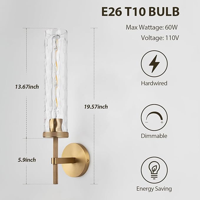 19.5" Knurled Brass Wall Sconce with Water Ripples Glass Tube, Gold Bathroom Vanity Light Fixtures, Modern Lamp Lighting for Bedroom, Living Room, Hallway, Staircase, Mirror, Kitchen