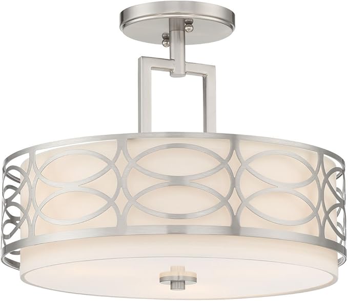 Kira Home Sienna 15" 3Modern Lattice Drum Semi-Flush Mount, 3-Light Silver Ceiling Light with White Linen Shade & Glass Diffuser, Brushed Nickel Finish