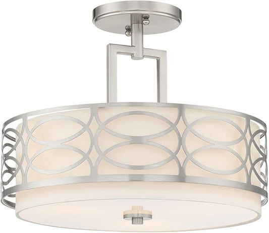 Kira Home Sienna 15" 3Modern Lattice Drum Semi-Flush Mount, 3-Light Silver Ceiling Light with White Linen Shade & Glass Diffuser, Brushed Nickel Finish