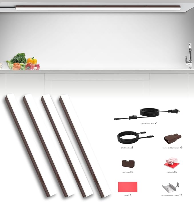 Leetdud Under Cabinet Lighting Plug in, 16 Inch 4 Pcs, Linkable AC120V 3CCT 3000K/4000K/5000K Ultra Slim, LED Under Cabinet Lights for Counter Light, Kitchen, Shelf, Sink, Workshop, Desk, Bronze