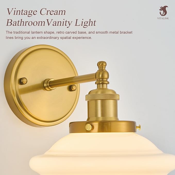 VitaLink Vintage Wall Sconces, Golden Hardwired Milk White Glass Wall Sconce Lighting Fixtures Vanity Light Schoolhouse Wall Lamp for Bedroom Living Room Bathroom Hallway
