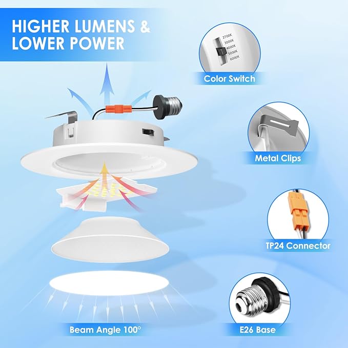 ANWIO Recessed Lighting 4 Inch, 16 Pack 5CCT Flat Retrofit LED Recessed Lights Can Needs, 2700/3000/4000/5000/6000K Selectable Can Lights 7W(85W Equivalent) CRI 80+ Dimmable E26 Base IC Rated & ETL