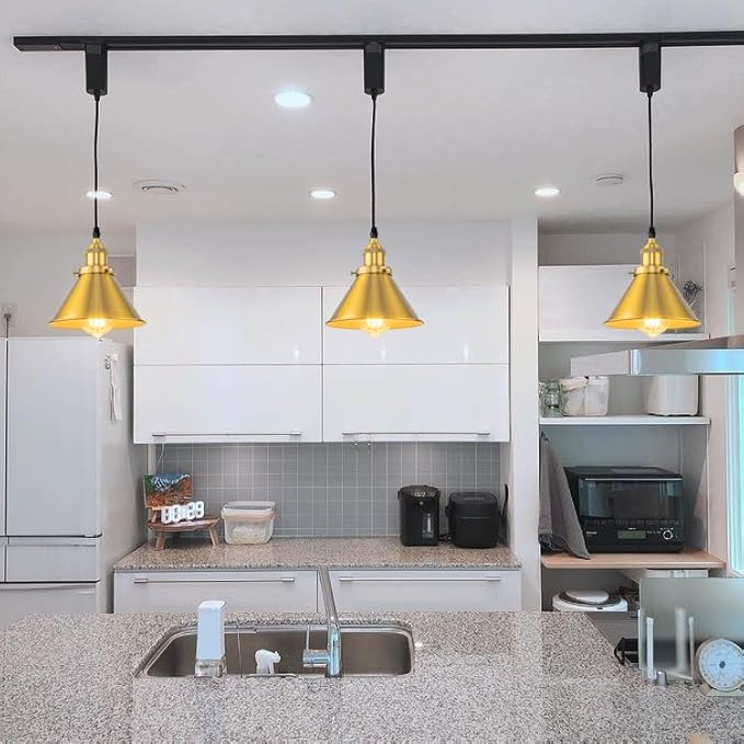 3-Pack Adjusted Wire Length H-Type Track Hanging Light 3.9 Ft Black Cord E26 Base Gold Metal Pendant Light Fixture,Industrial Style Lamp for Loft Aisle Bedroom Balcony(No Bulb,No Track)