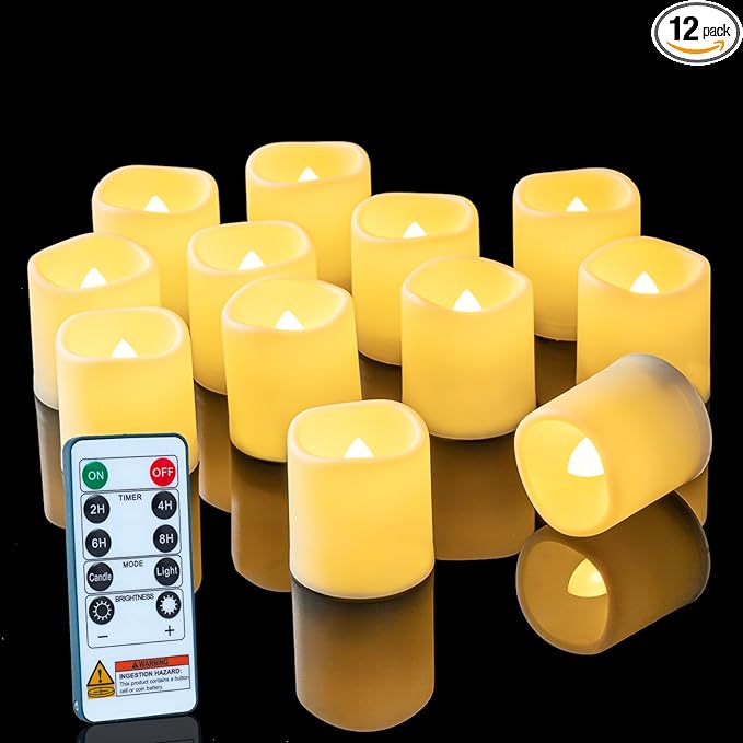 Homemory 400+ Hour Remote Control Candles, 2/4/6/8H Timer LED Votive Candles, Battery Operated Tea Lights in Warm White for Outdoor, Table, Halloween, Christmas (Batteries Included