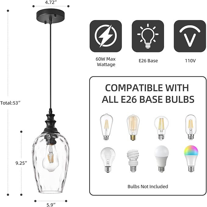 Glass Pendant Lights for Kitchen Island 2 Pack, E26 Modern Black Pendant Light Fixtures with Hand Blown Glass, Adjustable Farmhouse Hanging Light for Dining Room, Entryway & Over Sink Lighting