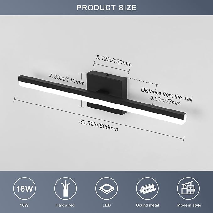 Bathroom Vanity Light Fixtures Over Mirror 24 inch Long Black Modern 18W LED Wall Sconce Lights for Mirror Bar Lighting Indoor 5500K ETL Certificated