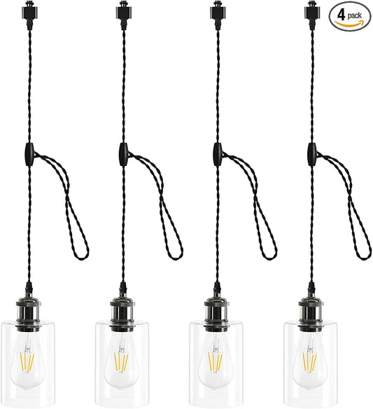 H Type Track Lighting Pendants with Glass, Cord Adjustable H Track Pendant Lights Fixtures with E26 Socket, Retro Vintage Style, Max Length 39.37in, Black 4 Pack (No Bulbs)