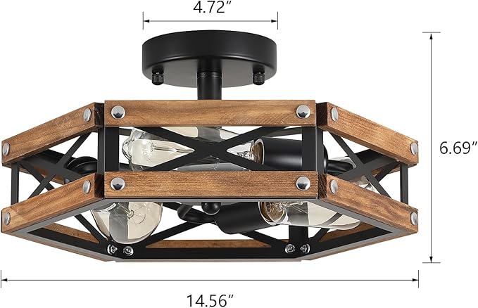 3-Light Rustic Farmhouse Wood Flush Mount Ceiling Light Fixture Oak Wood and Metal Cage Semi Flush Mount Ceiling Light for Hallway Hall Entry Bedroom Kitchen Farmhouse, Black